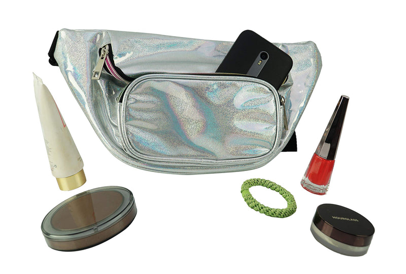 Home-X Holographic Fanny Pack-Cute Waist Bags with Adjustable Belt for Rave, Festival- Silver Sparkle Fanny Pack, Running Belt, Waterproof Bum Bag with Pockets - BeesActive Australia