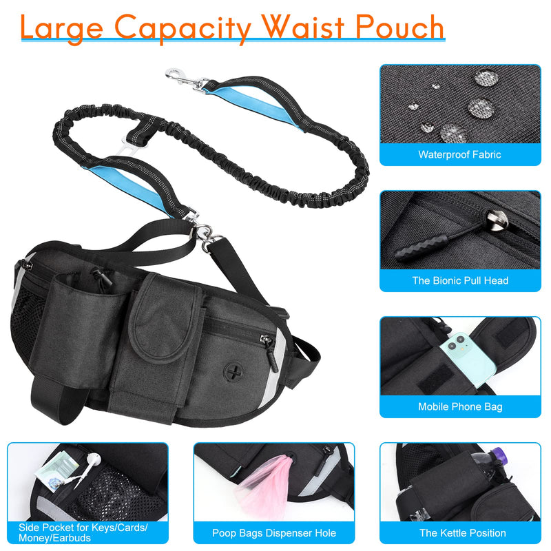 Hands Free Dog Leash with Waist Bag for Walking Small Medium Large Dogs, Reflective Bungee Leash with Car Seatbelt Buckle and Dual Padded Handles, Adjustable Waist Belt Black 2 dogs - BeesActive Australia