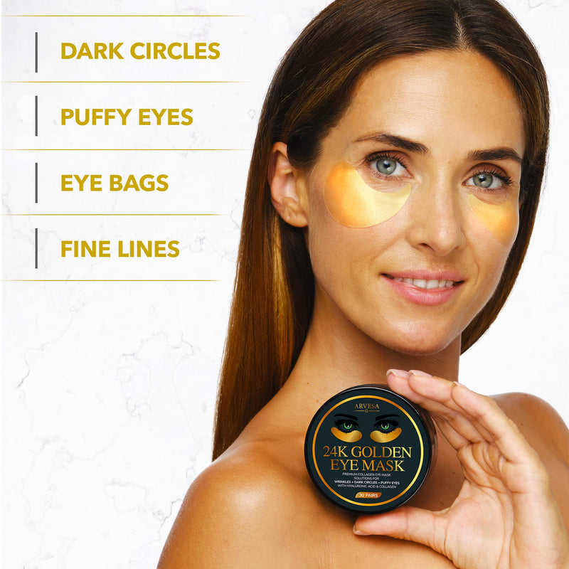 24K Gold Under Eye Collagen Patches for Puffy Eyes, Dark Circles & Bags - Gold Eye Pads Anti-Aging Hyaluronic Acid - Under Eye Mask - Moisturizing & Smoothing - Under Eye Bags Treatment - 30 Pairs - BeesActive Australia