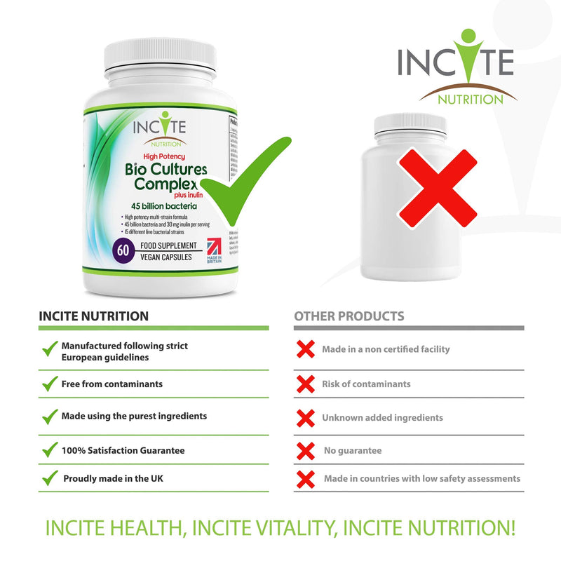 Bio Cultures Complex 45 Billion CFU with 30mg of Inulin Friendly Bacteria 60 Premium High Strength Vegan Capsules 15 Bacteria Strains Suitable for Vegans Vegetarians Made in The UK (45 Billion CFU) - BeesActive Australia