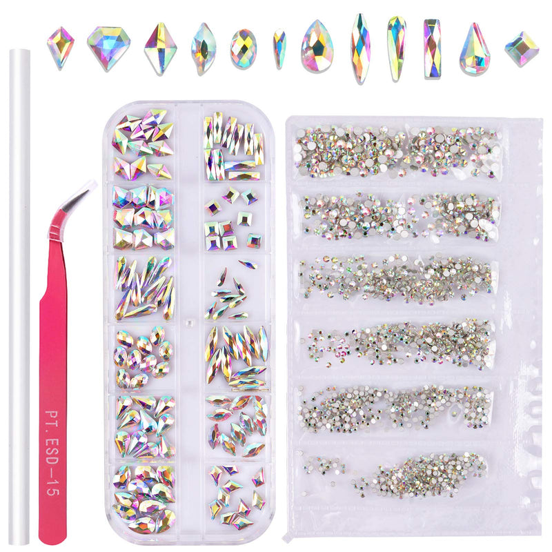 Glass Crystal AB Rhinestones for Nail Art, KISSBUTY 120 Pcs Holographic Nail Crystals and 1440 Pcs Nail Art Rhinestone Multi Shapes Flat Back 3D Nail Diamonds Stones Gems with 2 Pcs Picking Up Tools - BeesActive Australia