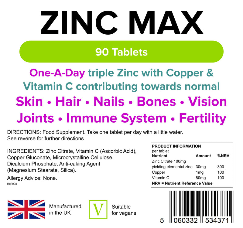 Lindens Zinc Max Tablets - 90 Pack - Provides 300% Nrv Dose and Fortified with Vitamin C & Copper to Contribute Towards Healthy Hair, Skin, Nails, Vision & Hormone Balance - UK Manufacturer, Letterbox Friendly 90 Count (Pack of 1) - BeesActive Australia