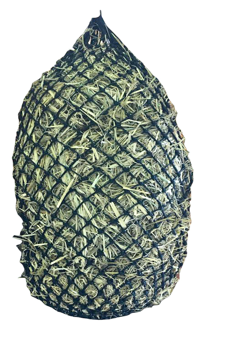 Majestic Ally 1.25”x1.25” Holes Ultra Slow Feed 40” Very Sturdy Hay Net with Bottom Ring for Horses, Nylon Rope Hanging, Adjustable Travel Feeder for Trailer and Stall, Reduces Waste Black - BeesActive Australia