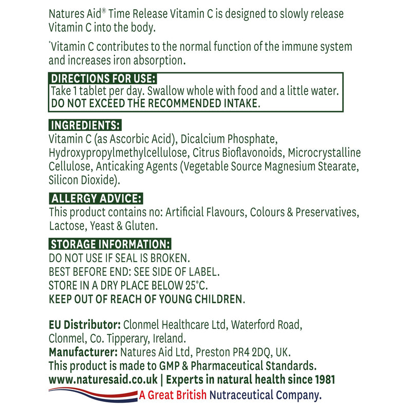 Natures Aid Vitamin C, Time Release 30 Tablets, 1000 mg (with Citrus Bioflavonoids, Slow Release, for the Normal Function of the Immune System, Vegan Society Approved, Made in the UK) Vitamin C Time Release 1000 mg, 30 Tablets - BeesActive Australia