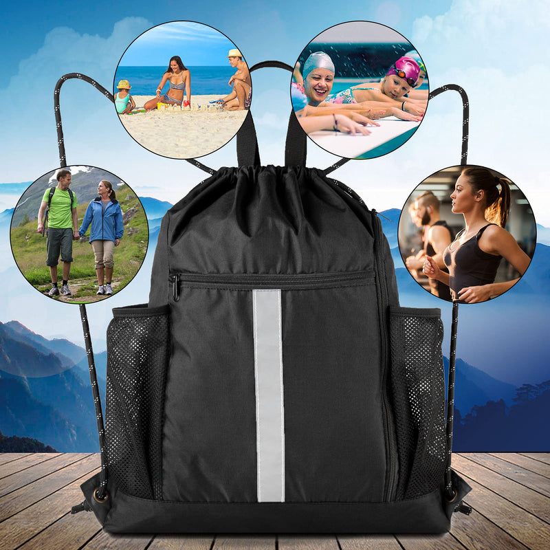 Drawstring Backpack Sports Gym Bag With Shoe Compartment and Two Water Bottle Holder Black 16" x 19.5" - BeesActive Australia