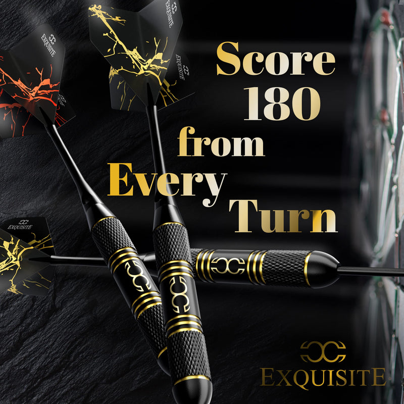 CC-Exquisite Professional Steel Tip Darts Set - 6 x 22g Brass Barrels with 12 Flights Standard/Slim, 12 Aluminum Shafts 35/48mm, 12 O-Rings, Dart Tool, Dart Sharpener and Case (Black & Gold) Lines- 22g - BeesActive Australia