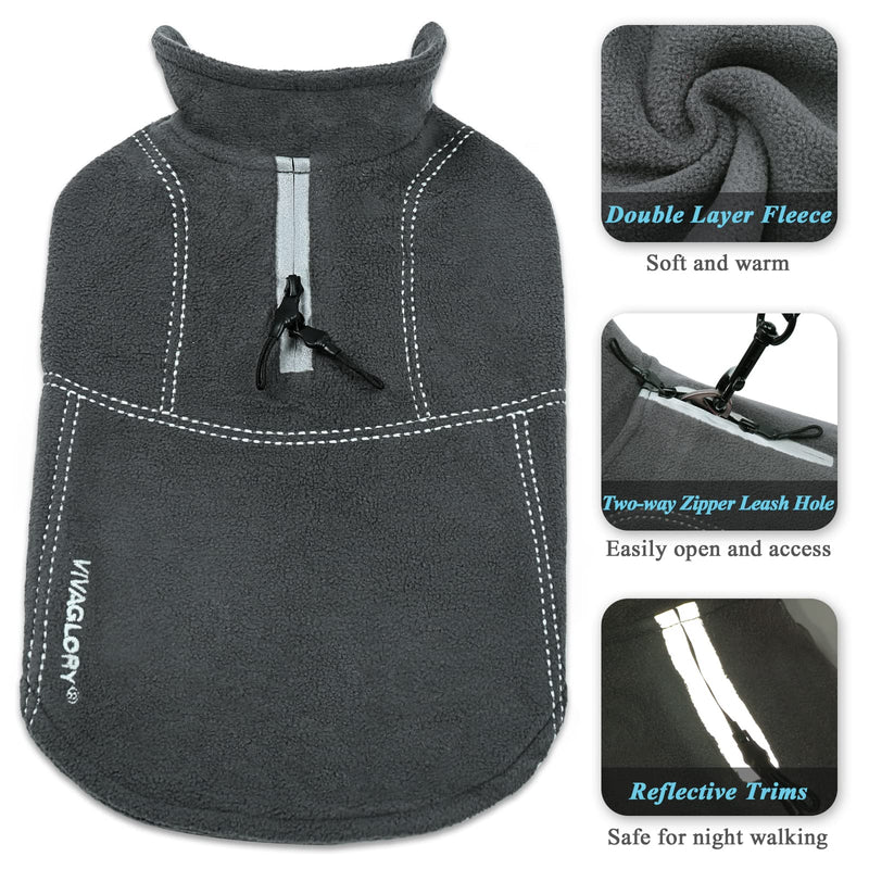Vivaglory Fleece Vest Dog Cold Weather Sweater for Small Dogs, Adjustable Winter Warm Clothes with Two-Way Zipper Opening, Reflective Coats Pet Jacket for Puppies Small Medium Large Dogs S(Chest: 18-21", Neck: ~12") Grey - BeesActive Australia