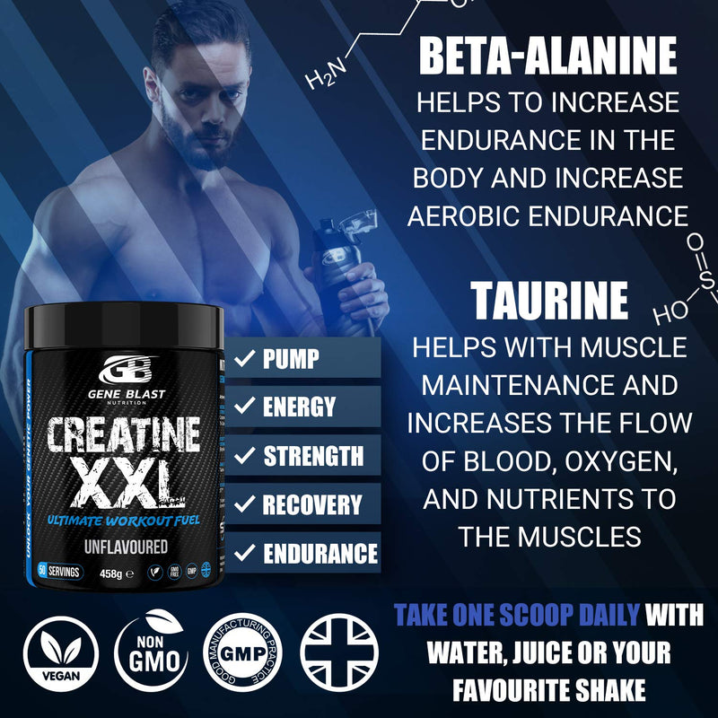Gene Blast CREATINE XXL–Tri-Creatine Malate Plus Creatine Monohydrate w/Endurance & Pump Boosters to Amplify Strength-Muscle Pumps & Recovery 50 Servings (Unflavoured, 485G) Unflavoured 458 g (Pack of 1) - BeesActive Australia