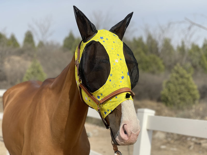 Horse Fly Mask Super Comfort Horse Fly Mask Elasticity Fly Mask with Ears We Only Make Products That Horses Like (M,Yellow Star) - BeesActive Australia