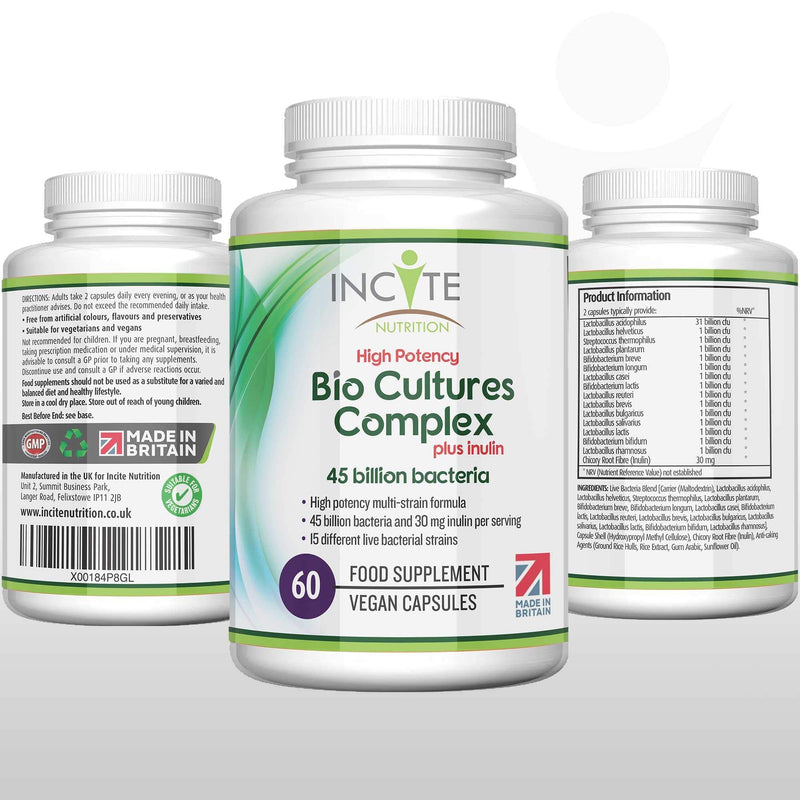 Bio Cultures Complex 45 Billion CFU with 30mg of Inulin Friendly Bacteria 60 Premium High Strength Vegan Capsules 15 Bacteria Strains Suitable for Vegans Vegetarians Made in The UK (45 Billion CFU) - BeesActive Australia
