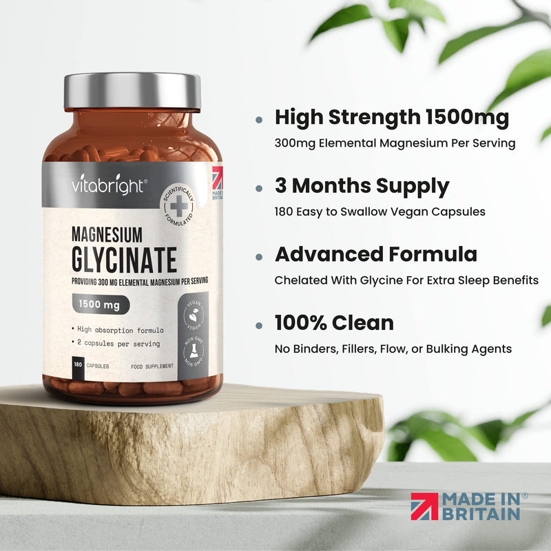 Magnesium Glycinate (Bisglycinate) - 1500mg High Strength - 180 Capsules (3 Month Supply) - Vegan Premium Magnesium Capsules - Providing 300mg Elemental Magnesium Supplement - Made in UK by VitaBright - BeesActive Australia