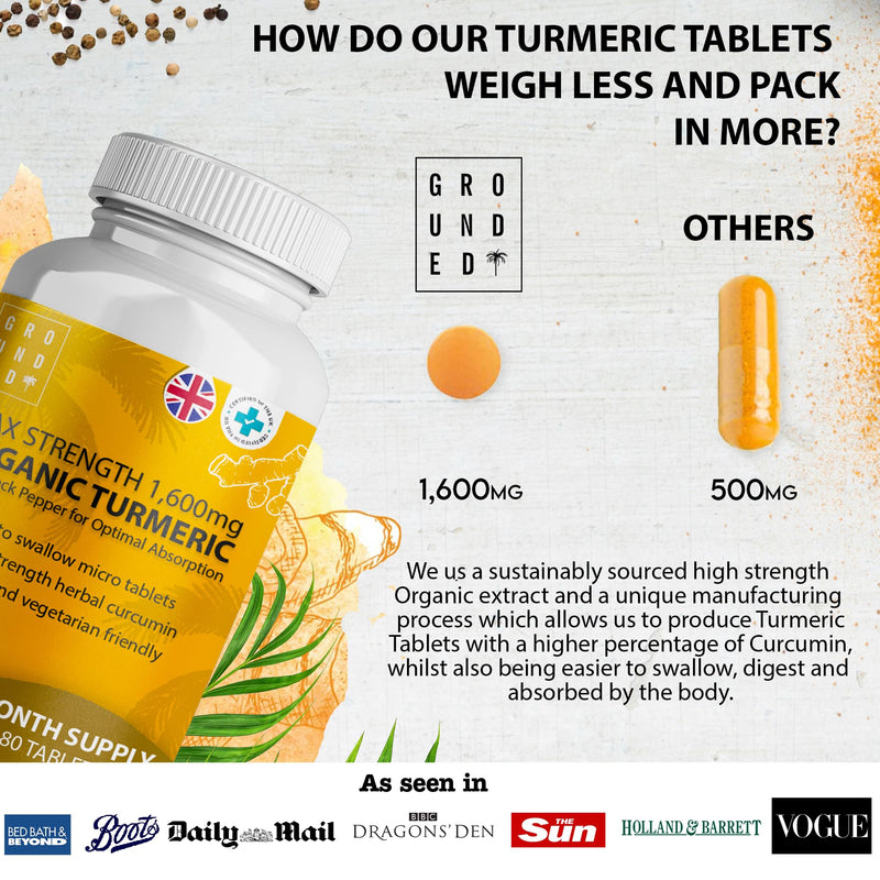 Pure Turmeric Tablets 1,600mg with Organic Black Pepper Extract | 6 Month Supply, 180 Tablets | High Strength Herbal Curcumin Complex Supplement | Natural Anti Inflammatory & Antioxidants | Vegan, UK - BeesActive Australia