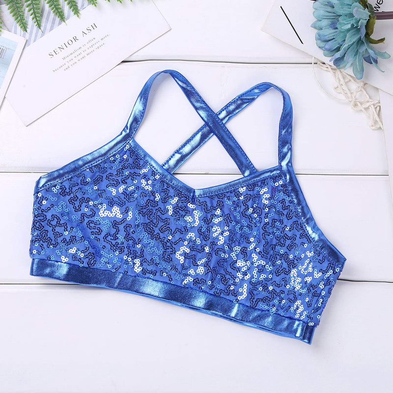 [AUSTRALIA] - renvena Kids Girls Two Piece Sports Outfits Spaghetti Shoulder Straps Shiny Sequins Tops with Bottoms Set Light Blue 5-6 