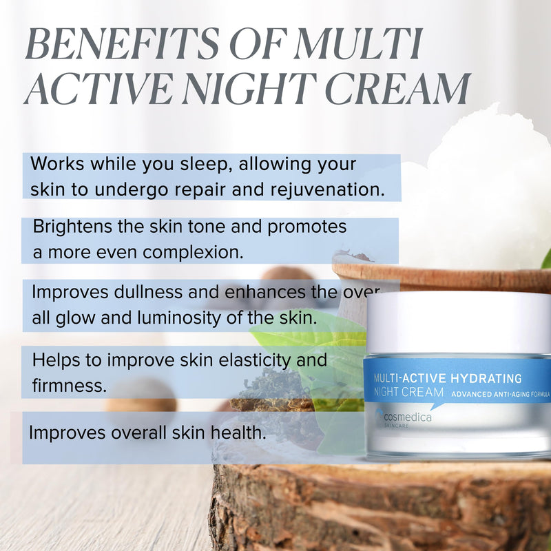 Cosmedica Skincare Multi-Active Hydrating Night Cream - Revitalizing Overnight Moisturizer & Anti-Aging Cream for Face and Neck with Hyaluronic Acid, Organic Shea, Glycolic Acid and Vitamin E, 2 oz - BeesActive Australia