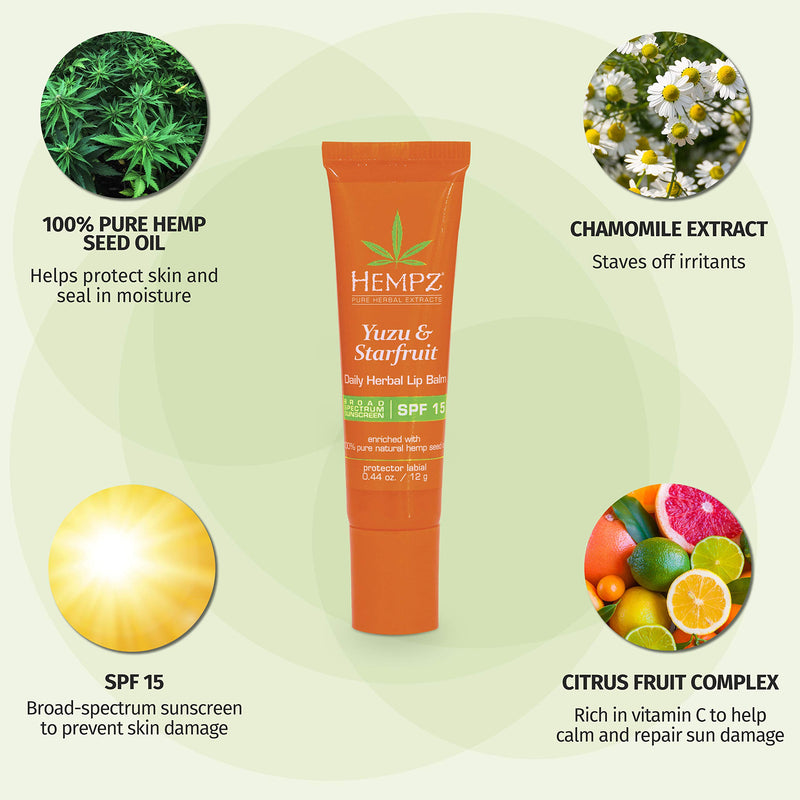 Hempz Yuzu & Starfruit Daily Herbal Lip Balm with SPF 15, .44 oz. - Scented Lip Moisturizer with Sunscreen - Broad Spectrum SPF 15, Protection against UVA/UVB rays - 100% Natural Hemp Seed Oil - BeesActive Australia