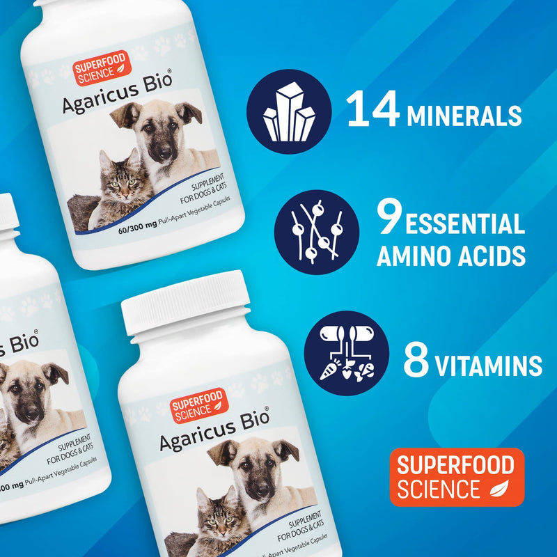 Atlas World Agaricus Bio, Agaricus Blazei for Pet Immune System Support, Cat and Dog Immune Booster, Organic Agaricus Blazei Mushroom Supplement for Dogs and Cats, 300 mg, 60 Vegetable Capsules - BeesActive Australia
