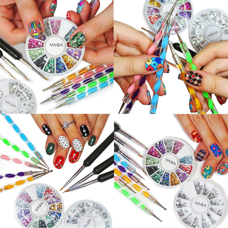 VAGA Nail Art Supplies Acrylic Nail Kit With 5 Nail Dotting Tools, Nail Art Brushes 3pc Nail Brush Set, Nail Gems And Rhinestones, A Professional Manicure Tool Acrilycs Nails Kit With Nail Jewels Set - BeesActive Australia