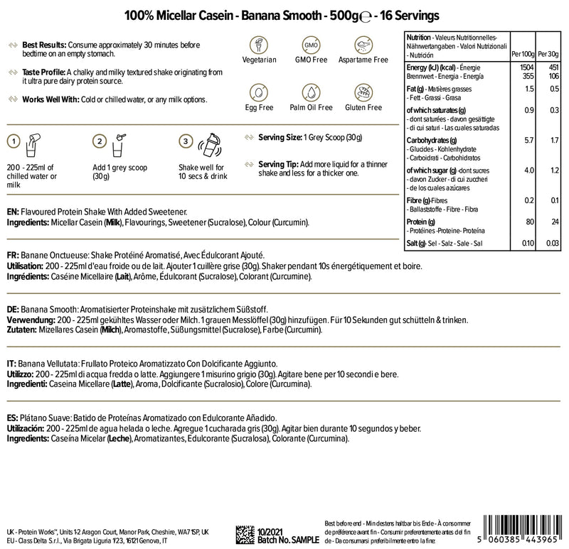 100% Micellar Casein Protein Powder | Slow Release Protein Shake | Amino Acids | High Protein | Protein Works | Banana Smooth | 500 g - BeesActive Australia