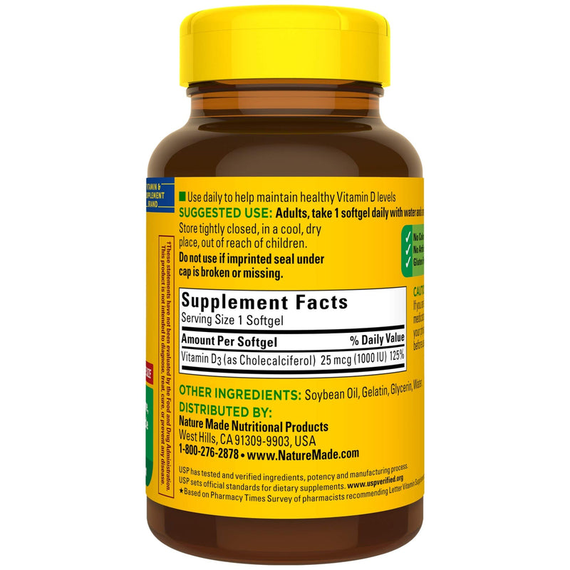 Nature Made Vitamin D3, 180 Softgels, Vitamin D 1000 IU (25 mcg) Helps Support Immune Health, Strong Bones and Teeth, & Muscle Function, 125% of the Daily Value for Vitamin D in One Daily Softgel - BeesActive Australia