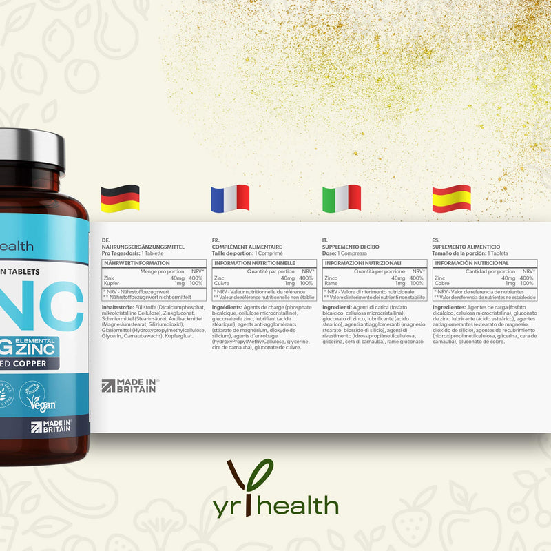Vegan Zinc Tablets High Strength 40mg - 365 Premium Zinc Gluconate Tablets - Zinc Supplements, 12 Month's Supply - Zinc and Copper Supplement - Zinc 40mg - Made in The UK by YrHealth - BeesActive Australia