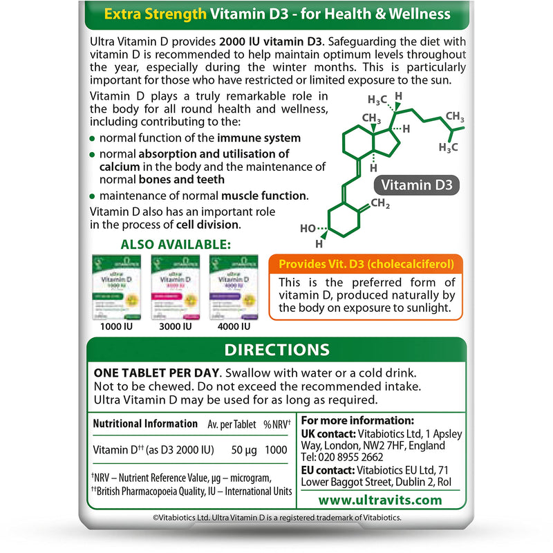 Vitabiotics Ultra Vitamin D Tablets 2000IU Extra Strength - 96 Tablets 96 count (Pack of 1) - BeesActive Australia