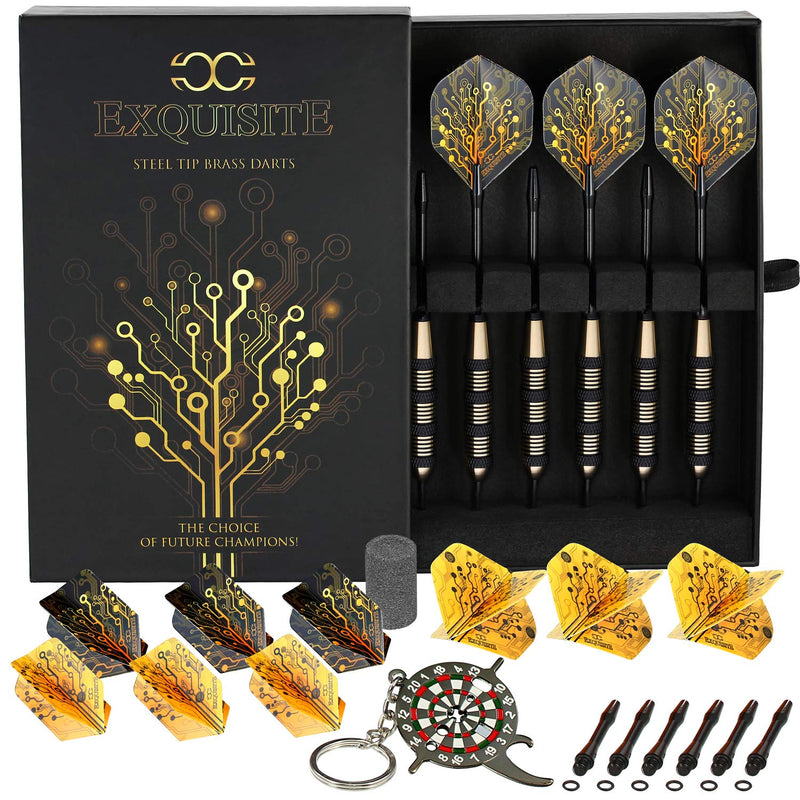 CC-Exquisite Professional Steel Tip Darts Set - 6 x 20g Brass Barrels with 12 Flights, Black - BeesActive Australia