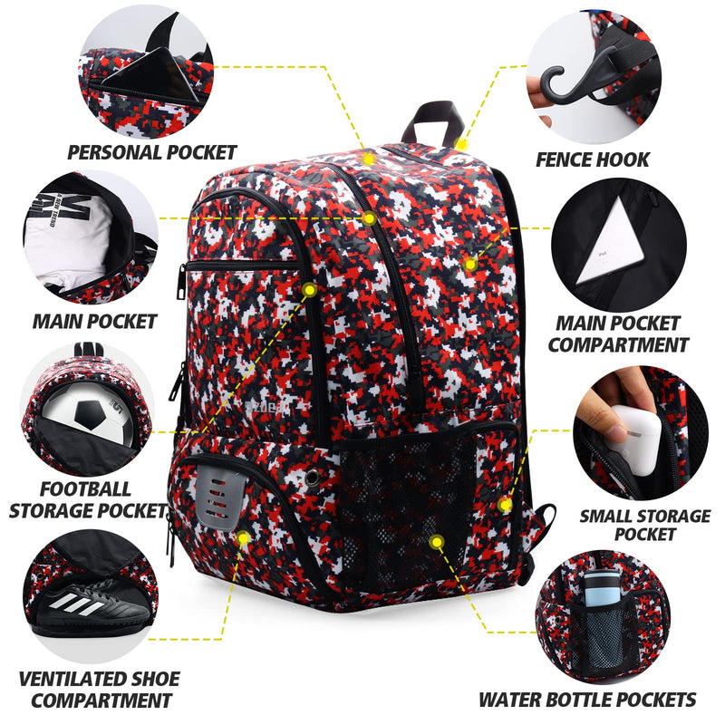 ZOEA Soccer Bag - Backpack for Soccer, Basketball & Football & Volleyball with Shoe & Ball Compartment for Youth and Adults Camouflage Red - BeesActive Australia