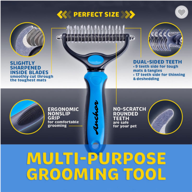 ANCHOR Pet Grooming Brush-Double Sided Shedding and Dematting Undercoat Rake Comb for Dogs and Cats, No More Nasty Shedding or Flying Hair (Blue) Blue - BeesActive Australia