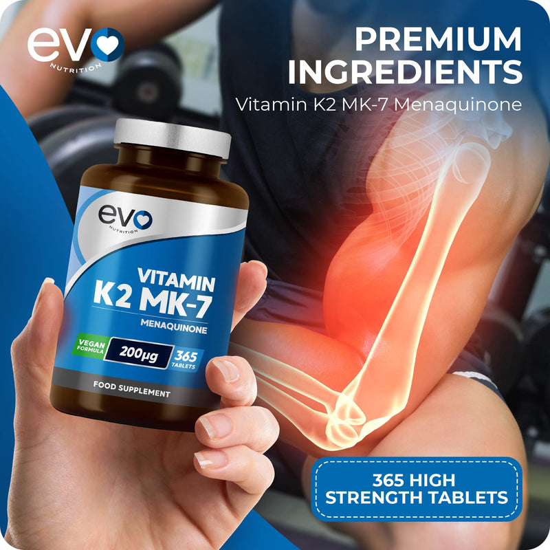 EVO NUTRITION Vitamin K2 MK-7 200mcg | 365 Vegetarian and Vegan Tablets (not Capsules) | 1-A-DAY | Supports Maintenance of Normal Bones | One Years Supply of High Strength Vitamin K2 Menaquinone MK7 - BeesActive Australia