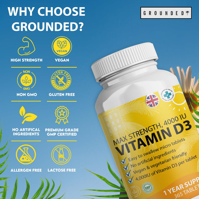 Vitamin D3 4000 IU Micro Tablets - 365 Day Supply, Easy to Swallow High Strength Premium Sunshine Vitamin | Max Strength Vitamin D Supplement, Vegetarian & Vegan Friendly, Made in UK by Grounded - BeesActive Australia