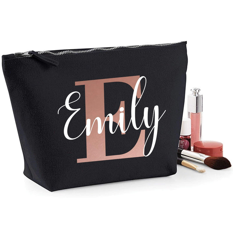 Womens Personalised Rose Gold Initial and Name Makeup Bag - Personalised Birthday Gift Idea for Her - Makeup Holder Travel Mum, S, Black - BeesActive Australia