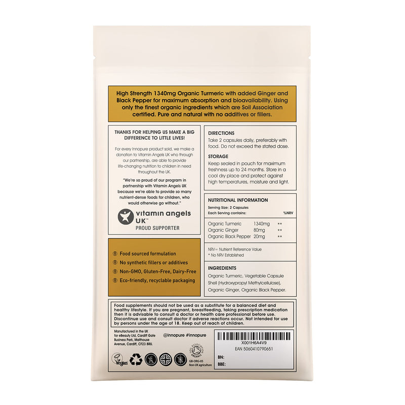 Organic Turmeric Curcumin 1340mg with Organic Black Pepper & Ginger - 120 Capsules - High Strength Turmeric Supplement - UK Made by Innopure - BeesActive Australia