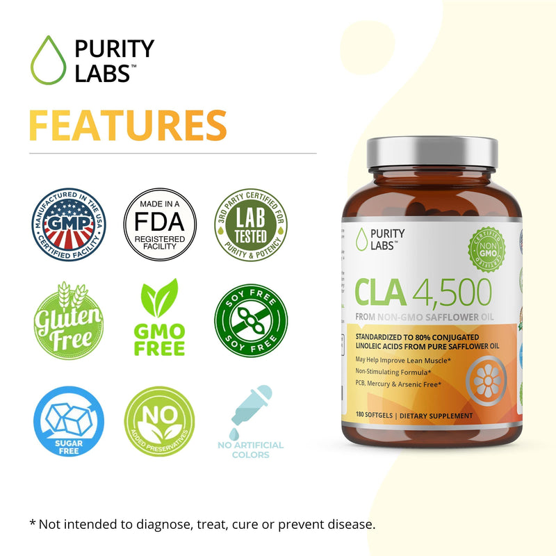 Purity Labs CLA Supplements 4500MG - Non-GMO Safflower Oil - Supports Energy, Weight Loss, Heart Health, and Muscle Health - 180 Soft gels - BeesActive Australia