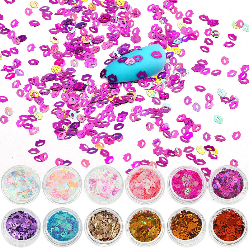 24 Boxes Valentine's Day Lips Shaped Glitter Nail Sequins 3D Nail Art Laser Flakes Makeup Nail Decorations with 24 Colors for Women Girls DIY Crafts Metallic and Holographic Color - BeesActive Australia