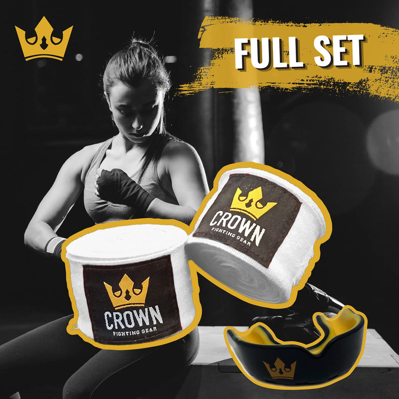 Crown Fighting Gear Boxing Hand Wraps & Mouth Guard Set - Wrist & Knuckle Protection & Mouthpiece w/Carry Case - Sports Kit Accessories for Martial Arts, MMA, Muay Thai, Kickboxing - for Men & Women White - BeesActive Australia