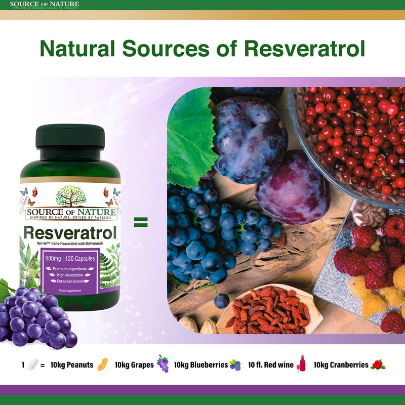 Source of Nature� | Trans-RESVERATROL 500mg | 120 Capsules | 4-Month Supply | >98% Pure European Produced Active Ingredient | High Dose | Vegan | Antioxidant Protection 120 Kapsel Flasche - BeesActive Australia