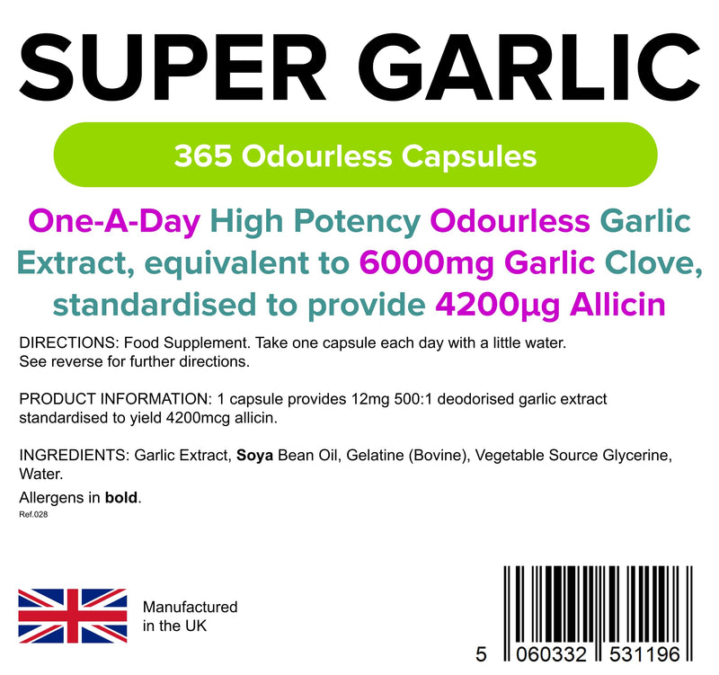 Lindens Super Garlic Odourless Capsules - 365 Pack - High Strength 6000mg (4200mcg Allicin) - Contributes to Normal Muscle Function, Heart Health and Immune Health - UK Manufacturer, Letterbox Friendly - BeesActive Australia