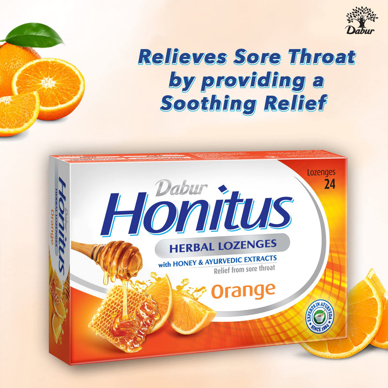 Dabur Honitus Herbal Lozenges | Effective Relief from Cough & Sore Throat Pain | Orange Flavor - 24 Lozenges - BeesActive Australia