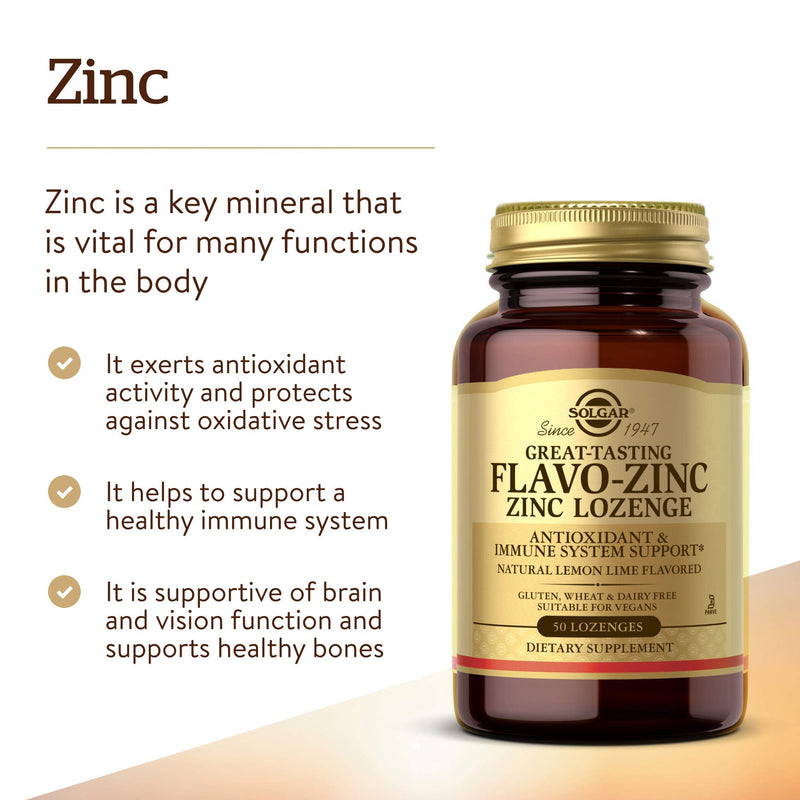 Solgar Flavo-Zinc Lozenges - Pack of 50 - Seasonal Immune Support - Healthy Skin Hair and Nails - for Increased Energy - Vegan and Gluten Free, Gold - BeesActive Australia