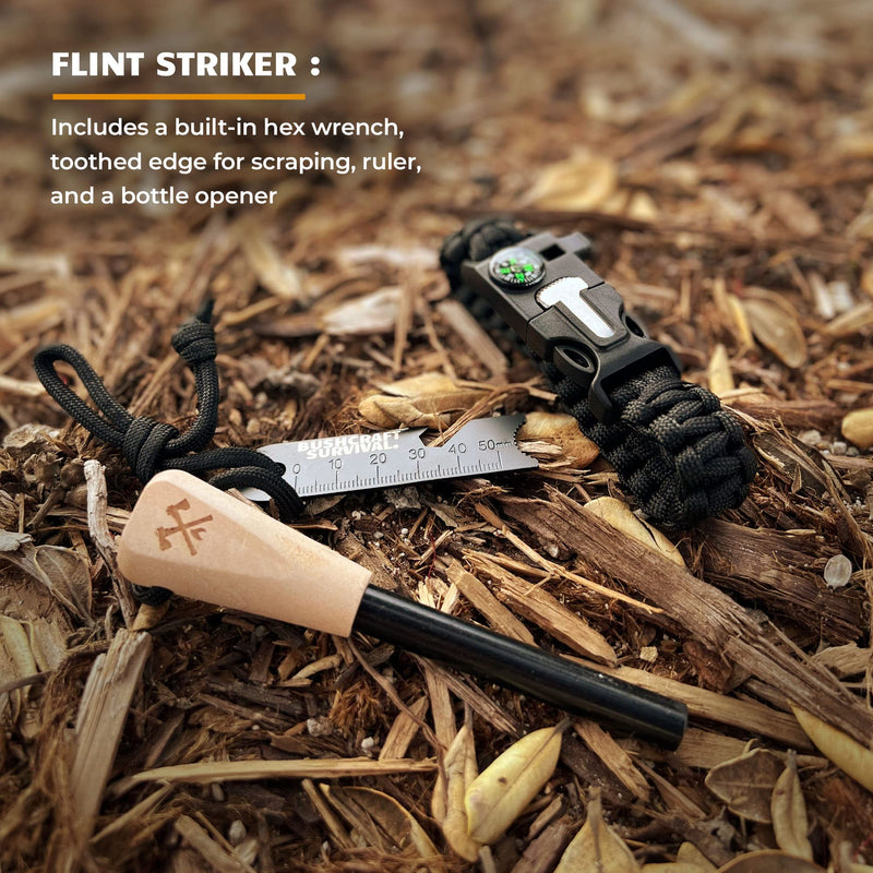 Ferro Rod Fire Starter Survival Tool | Flint and Steel w/Paracord Bracelet Compass & Whistle + 3 PK Extra Large Natural Tinder Fire Starting Ropes - BeesActive Australia