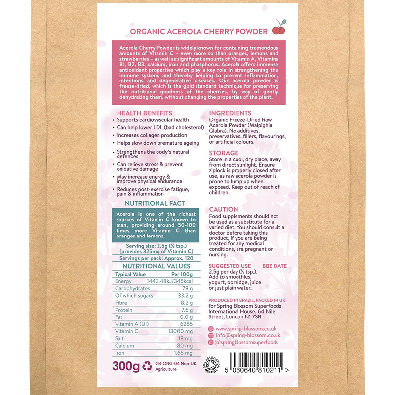 300g Organic Acerola Cherry Powder Freeze-Dried 100% Natural Vitamin C Raw Extract Food Supplement Immune System Booster Vegan Gluten-Free Superfood Ascorbic Acid Alternative No Additives Non-GMO - BeesActive Australia