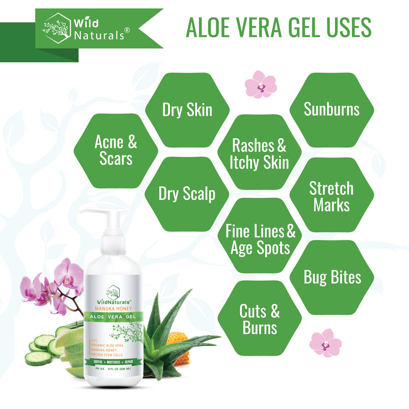 Wild Naturals Organic Aloe Vera - 100% Pure Leaf Gel - Hydrating After Sun Care, Moisturizing for Face, Body, Skin & Hair - Sun Burn, Acne, and Dry Damaged Skin - With Manuka Honey & Plant Stem Cells - BeesActive Australia