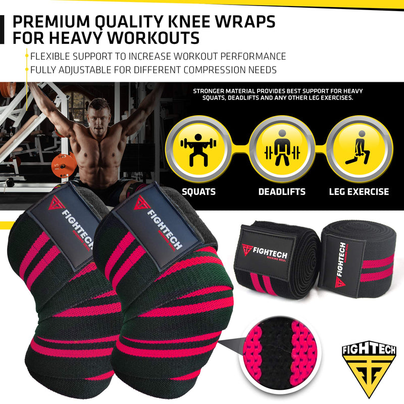 FIGHTECH Knee Wraps for Weightlifting | Men & Women | Bodybuilding Knee Squat Wraps | 82" Long Knee Straps for Compression & Elastic Support During Leg Presses, Cross Training Gym Workout | Pair RED - BeesActive Australia
