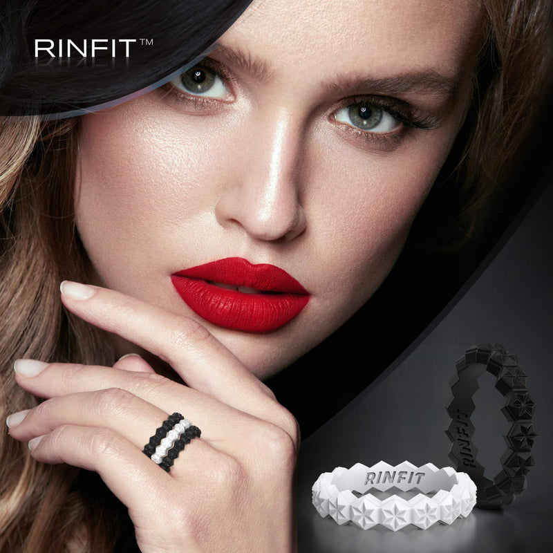 Rinfit Designed Silicone Wedding Ring for Women Set of Thin & Stackable Rings. 3 Rings Pack. Comfortable, Soft Rubber Wedding Bands. Size 4 Black, Ocean - BeesActive Australia