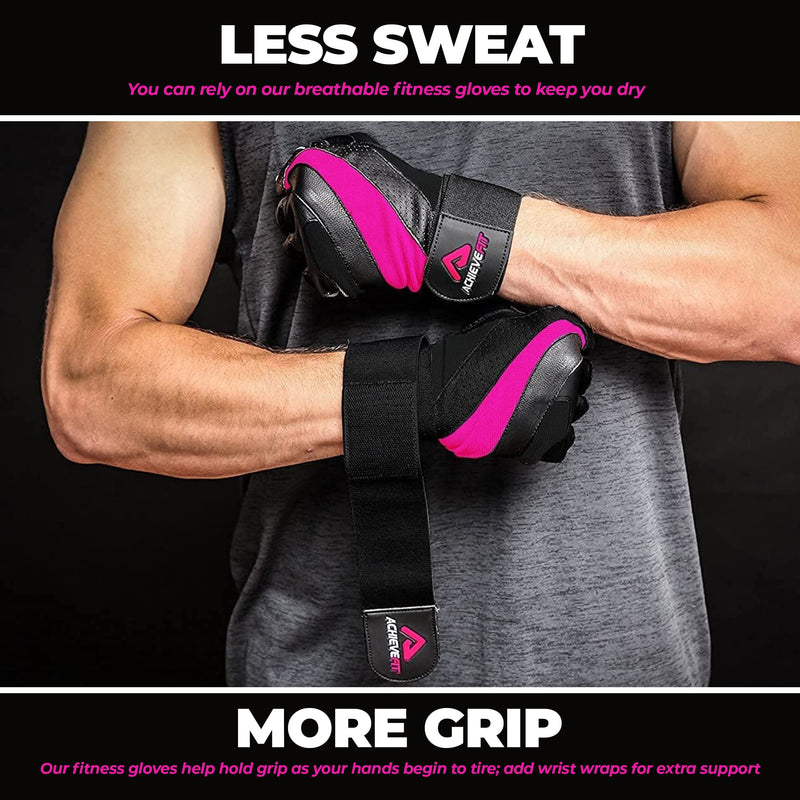 ACHIEVE FIT Weightlifting Gloves - Leather Palm for Fitness savvy Men & Women Firm Grip, Control & Comfort for Weight Lifting, Crossfit Training, Gym Workout (Pair) Large, With Wrist Support Black/Pink - BeesActive Australia