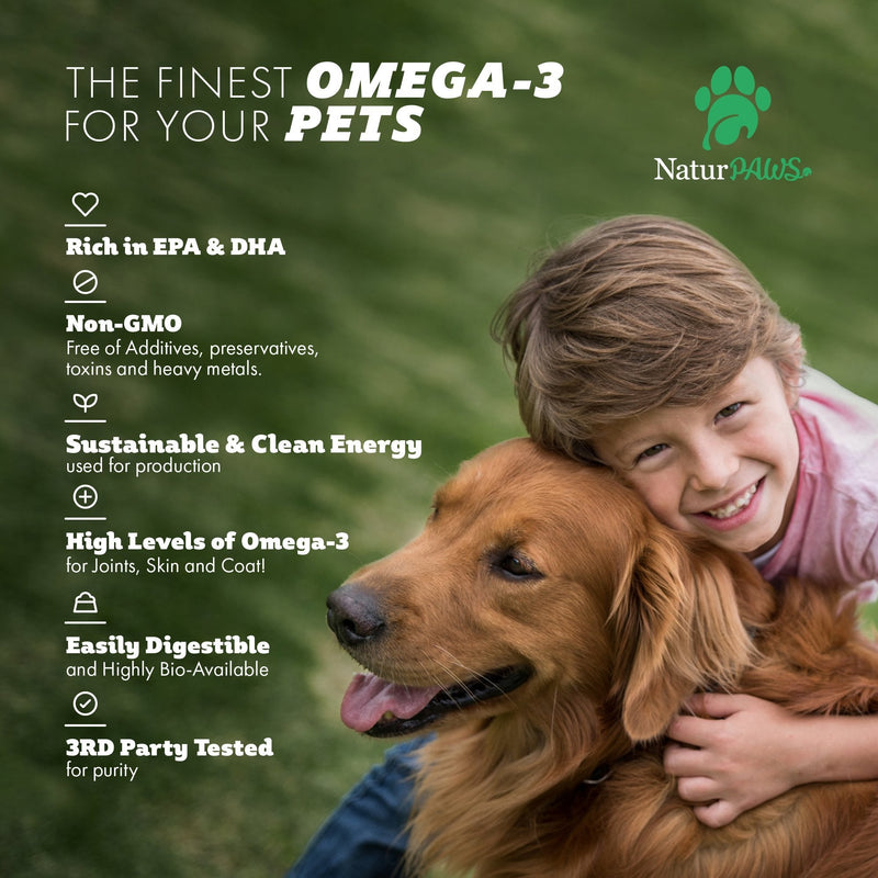 NaturPAWS Omega 3 Fish Oil Supplement for Dogs and Cats - 1000 mg Pure DHA and EPA Omegas - Supports Healthy Coat and Skin, Heart, Immune System, Joints and Hip - 180 softgels - BeesActive Australia