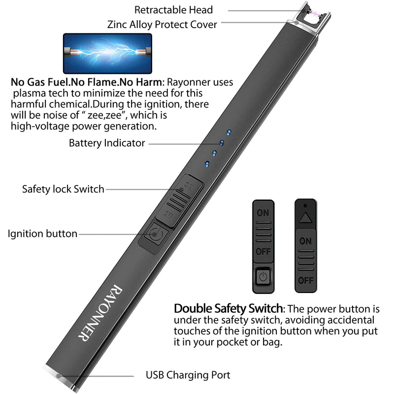 RAYONNER Lighter Electric Lighter Candle Lighter Rechargeable USB Lighter Arc Lighter Black 1 Count - BeesActive Australia
