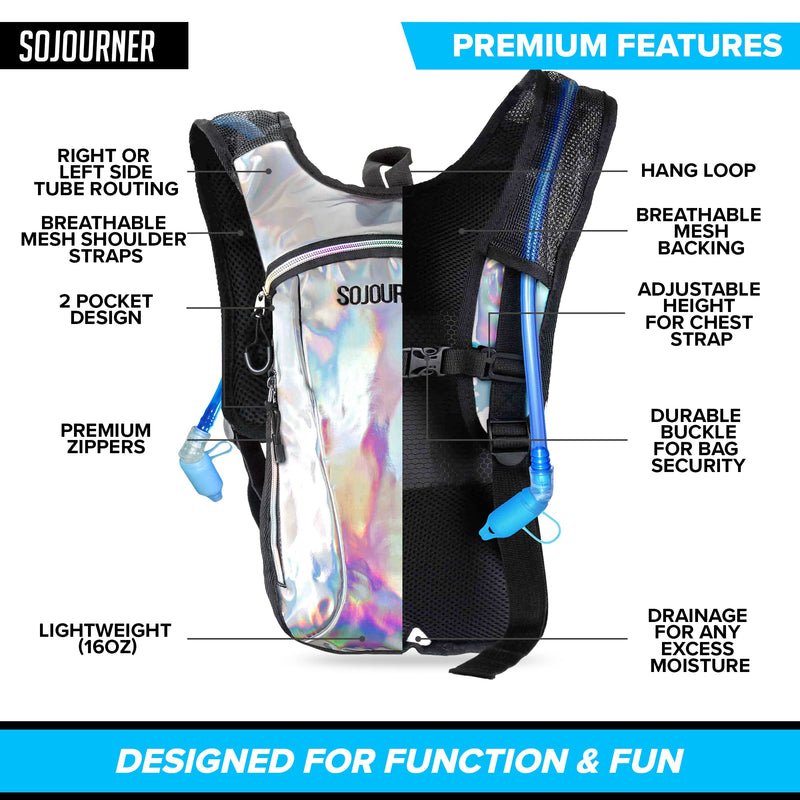 Sojourner Hydration Pack, Hydration Backpack - Water Backpack with 2l Hydration Bladder, Festival Essential - Rave Hydration Pack Hydropack Hydro for Hiking, Running, Biking, Festival Gear Holographic - Silver - BeesActive Australia