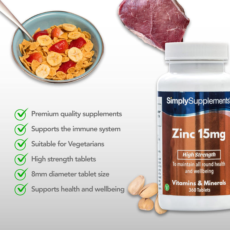 Zinc Tablets 15mg | High Strength Zinc Supplement Provides 150% NRV | Vegan & Vegetarian Friendly | Support for Immune System, Hair & Fertility | 360 Tablets | Manufactured in The UK - BeesActive Australia
