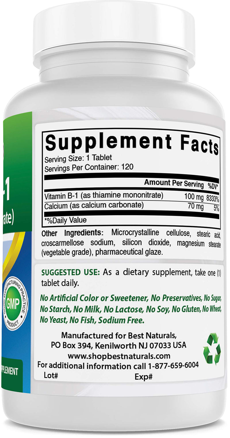 Best Naturals Vitamin B1 as Thiamine Mononitrate 100 mg 120 Tablets (120 Count (Pack of 1)) 120 Count (Pack of 1) - BeesActive Australia